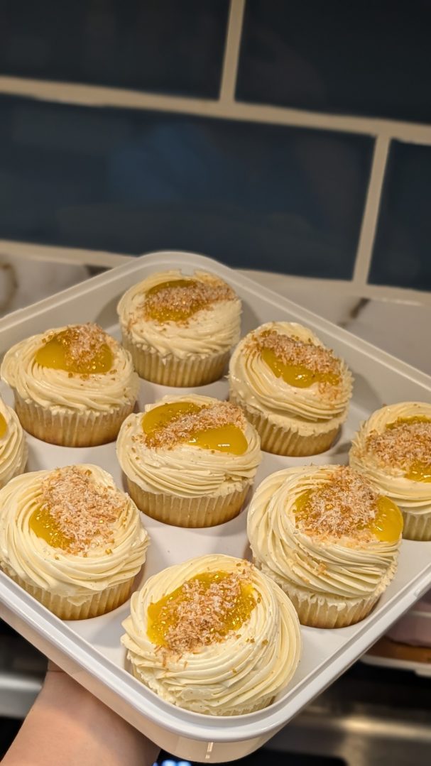 Tropical dream vanilla cake with mango filling and coconut Swiss meringue buttercream