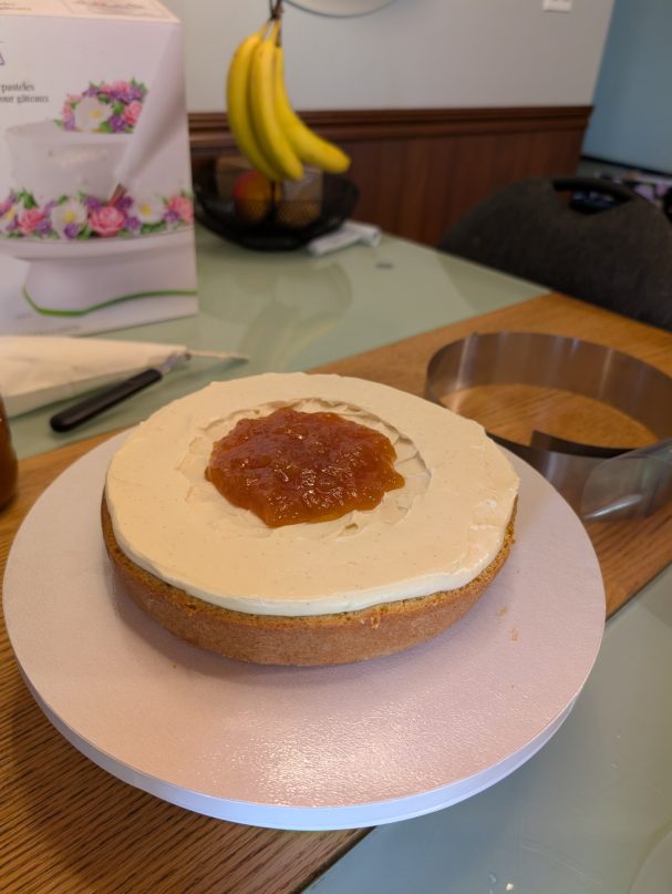 Peach vanilla bean jam cake layer