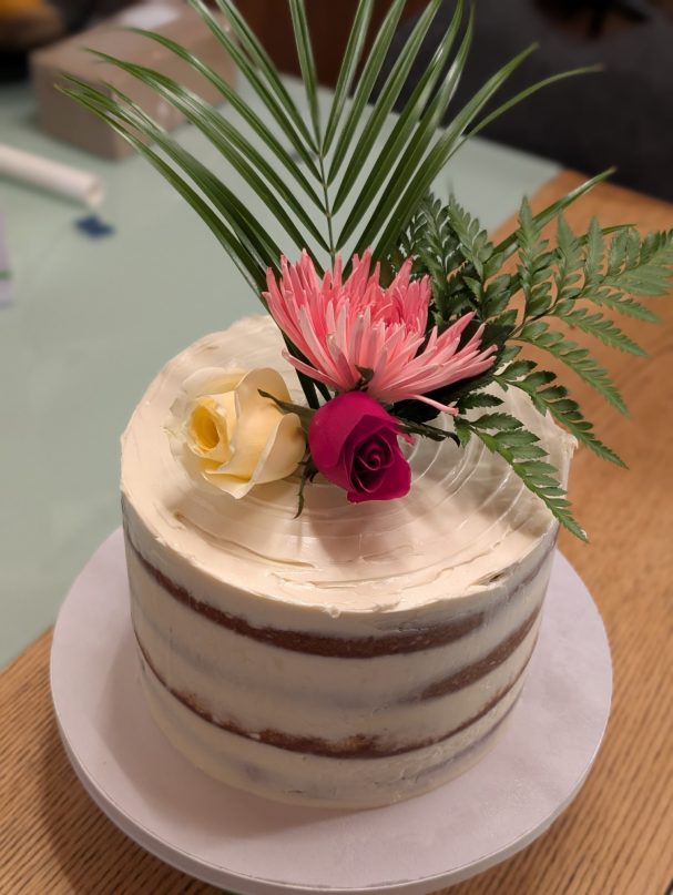 Custom 'Naked' Cake created for 20+ wedding guests - Swiss Meringue Vanilla Bean Buttercream with Peach Vanilla Bean Jam and real flowers