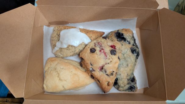 Lemon poppyseed iced scone, blueberry scone, OG vanilla bean scone, raspberry chocolate scone